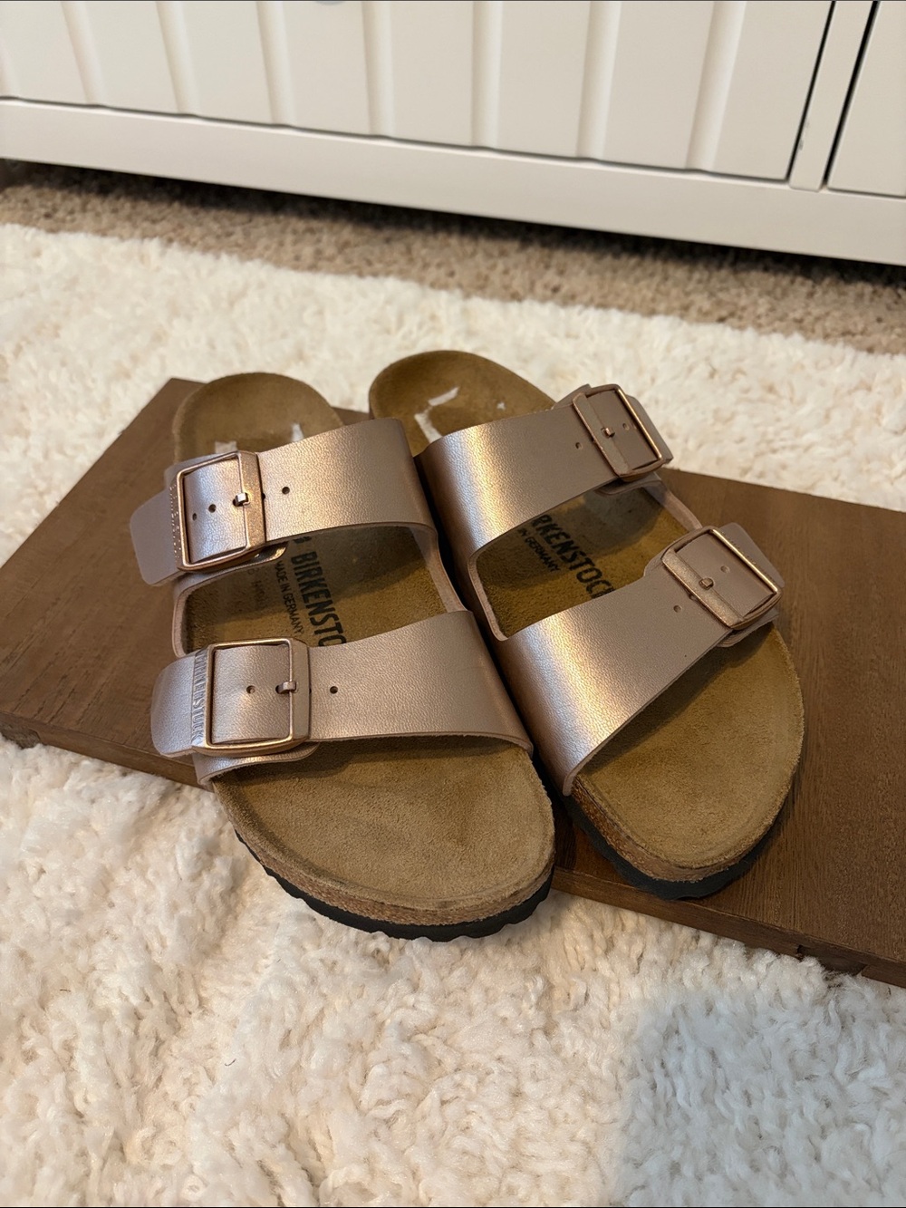Birkenstock Arizona Two-Strap Metallic Rose Gold Sandals Size 38